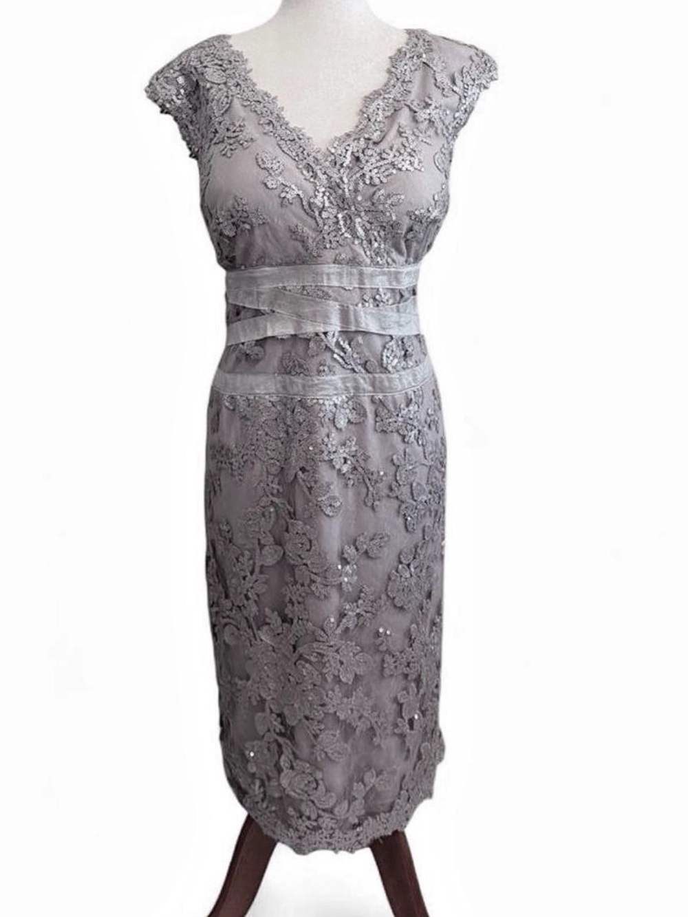 Tadashi Shoji Silver-Gray Embroidered V-Neck Midi Dress